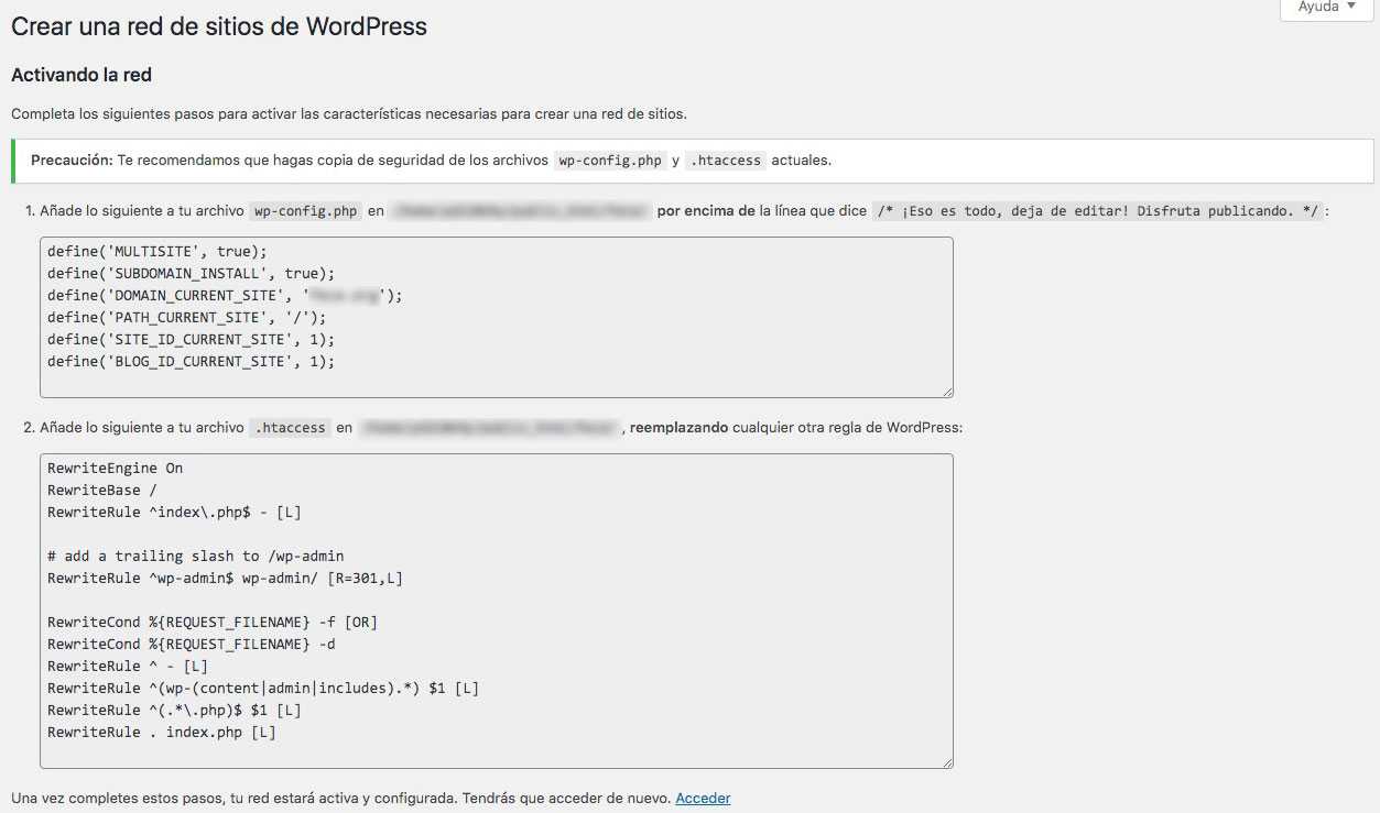 Cómo pasar WordPress a modo multisitio, paso a paso multisitio wordpress